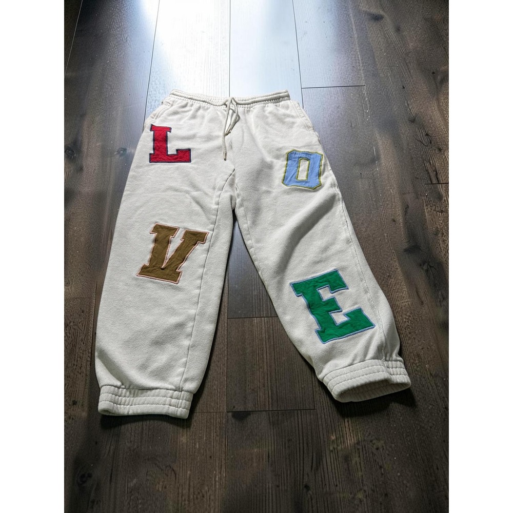 Aerie Sweatpants Womens L LONG Cream LOVE Patch Graphic Fleece Comfy Loungewear